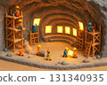 Construction work underway in a cave – workers installing lights in an underground building project 131340935
