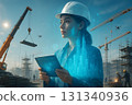 Digital Twin Construction – Female Engineer Manages Urban Design with Tablet 131340936