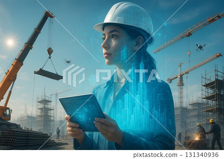 數位孿生施工－女工程師用平板電腦管理城市設計 131340936