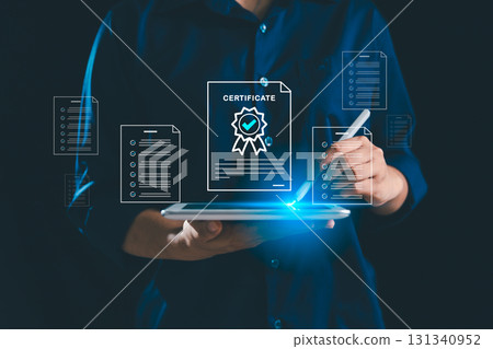 Businesswoman shows approved certificate and checklist document online, representing concept of top service, quality management, adherence to ISO standards globally trusted certificate in business. Businesswoman shows approved certificate and checklist document online, representing concept of top service, quality management, adherence to ISO standards globally trusted certificate in business. 131340952