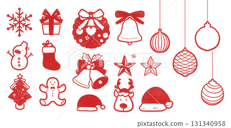 Christmas icon set in red and white | Snowflakes, presents, wreaths, bells, ornaments Christmas icon set in red and white | Snowflakes, presents, wreaths, bells, ornaments 131340958