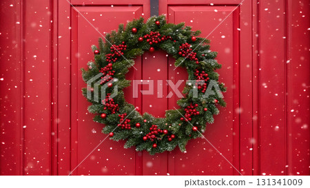Winter wreath adorns bright red door during light snowfall at festive season 131341009