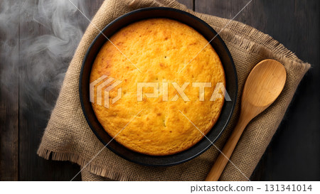 Warm cornbread baked in a black skillet on a rustic wooden surface with a wooden spoon 131341014
