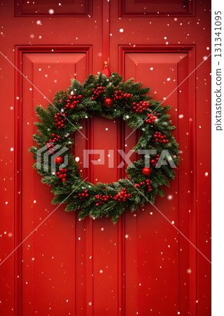 Festive holiday wreath adorns bright red door during snowfall 131341095