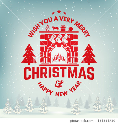 Wish you a very Merry Christmas and Happy New Year stamp, sticker, patch with fireplace, Christmas socks, christmas tree. Vintage design for xmas, new year 131341239