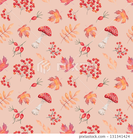 Seamless pattern with berries, mushrooms, and leaves. Watercolor illustration. Hand-drawn isolated botanical art. Background with fly agaric, rose hips, rowan, and maple for Thanksgiving and textiles. Seamless pattern with berries, mushrooms, and leaves. Watercolor illustration. Hand-drawn isolated botanical art. Background with fly agaric, rose hips, rowan, and maple for Thanksgiving and textiles. 131341424