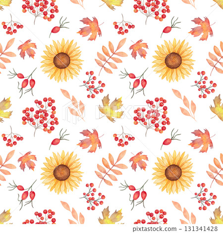 A seamless pattern with berries, mushrooms, and flowers for Thanksgiving. Watercolor illustration. Hand drawn isolated botanical art. Background with sunflowers, rose hips, rowan berries maple. 131341428