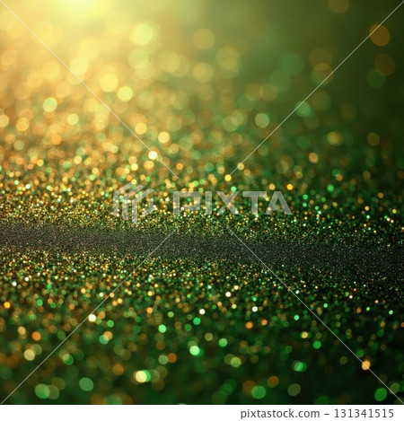 Green and gold glitter texture with bright bokeh highlights abstract 131341515