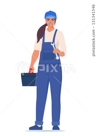 Woman mechanic with a toolbox. Girl character in uniform with wrench in her hand. Vector illustration. Woman mechanic with a toolbox. Girl character in uniform with wrench in her hand. Vector illustration. 131341546