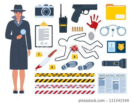 Police detective woman character and equipment. Investigation tools. Pistol, handcuffs, flashlight, palm print, body outline, shoe marks, police tape, sunglasses, newspaper, magnifying glass. Vector. 131341549