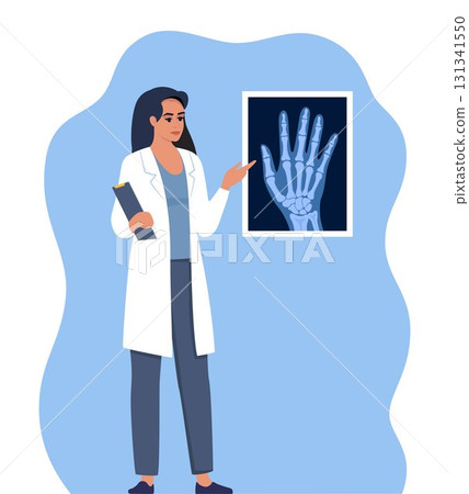 Doctor presenting human xray shot, gives a training lecture about anatomy. X ray human hand. Medical seminar, lecture. Vector illustration. 131341550