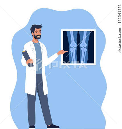 Doctor presenting human xray shot, gives a training lecture about anatomy. Xray of human knees bones and joints. Medical seminar, lecture. Vector illustration. Doctor presenting human xray shot, gives a training lecture about anatomy. Xray of human knees bones and joints. Medical seminar, lecture. Vector illustration. 131341551