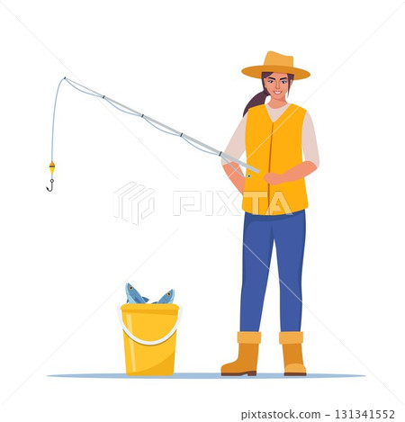 Woman fishing. Fisherman girl with fishing rod and fish. Female in vest and hat catching a fish. Outdoor recreation, leisure time. Vector illustration. Woman fishing. Fisherman girl with fishing rod and fish. Female in vest and hat catching a fish. Outdoor recreation, leisure time. Vector illustration. 131341552