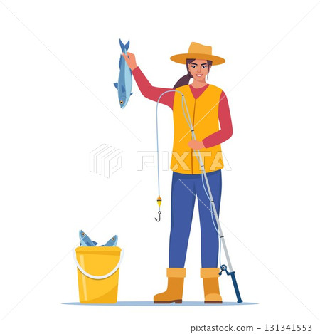 Woman fishing. Fisherman girl with fishing rod and fish. Female in vest and hat catching a fish. Outdoor recreation, leisure time. Vector illustration. 131341553