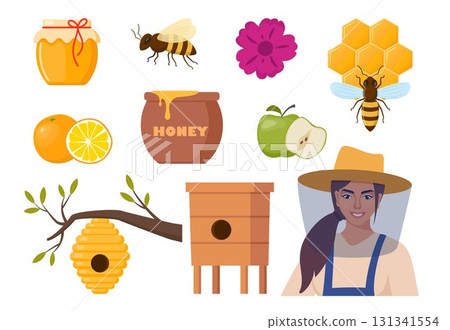 Beekeeping set. Beekeeper woman character, beehive, bee, honeycombs, honey jar, dipper, barrel flowers. Healthy sweet syrup. Beekeeping farm. Honey bee farming business. Vector illustration. Beekeeping set. Beekeeper woman character, beehive, bee, honeycombs, honey jar, dipper, barrel flowers. Healthy sweet syrup. Beekeeping farm. Honey bee farming business. Vector illustration. 131341554