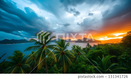 A stunning panoramic view of a mountain lake under a vast sky with drifting clouds offers an inspiring nature landscape for travel. 131341726