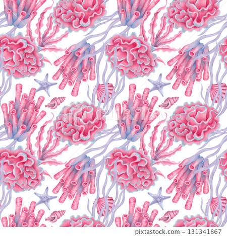 Seamless marine pattern with corals, shells, seaweed and starfish. Watercolor illustrations of underwater animals. Hand drawn isolated art. Tropical ocean atmosphere for fabric, wallpaper, textiles. 131341867