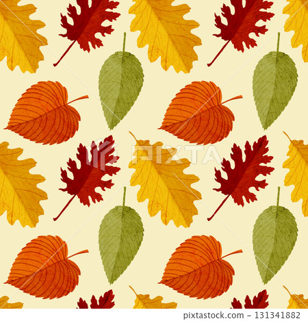 Watercolor autumn seamless pattern with falling leaves. Botanical repeated texture with floral elements for the fall season. Fall print with foliage. Watercolor autumn seamless pattern with falling leaves. Botanical repeated texture with floral elements for the fall season. Fall print with foliage. 131341882
