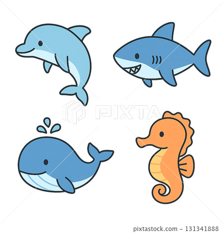 Set of 4 cute illustrations of dolphins, sharks, whales, and seahorses (no background, cute and relaxed, sea creatures) 131341888