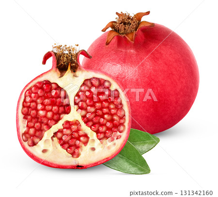 Pomegranate and a cut in a half isolated. Pink ripe pomegranates and green leaf with clipping path. 131342160