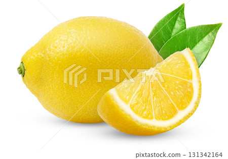 Lemon fruit and cut in a slice with green leaf isolated. Lemon fruit and cut in a slice with green leaf isolated. 131342164