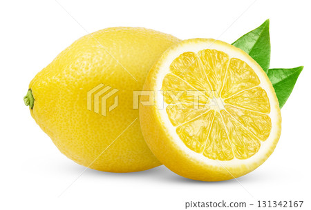 Fresh lemon fruit and a cut in a half with green leaf isolated. Fresh lemon fruit and a cut in a half with green leaf isolated. 131342167
