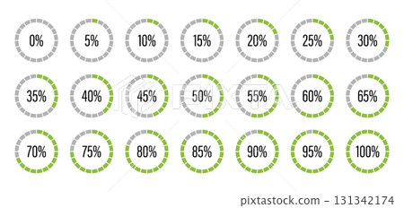 Green and gray color fill pie charts indicator template. Circle graph loading progress set. Percentage infographics elements. Round diagrams icons for infographics from 0 to 100 percent. Green and gray color fill pie charts indicator template. Circle graph loading progress set. Percentage infographics elements. Round diagrams icons for infographics from 0 to 100 percent. 131342174