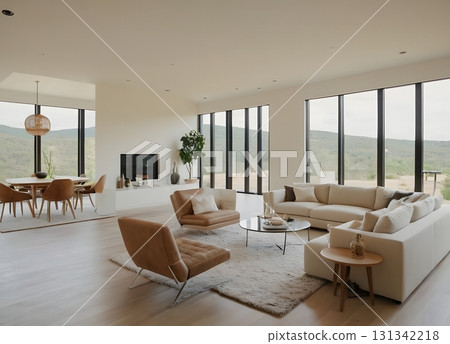Modern interior design features a luxurious open-plan living room with kitchen, elegant furniture, wooden floors, and large windows.	 131342218