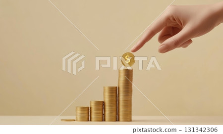 Woman's finger gently pushes a golden coin onto a stack of similar coins, forming an upward trend, representing investment growth and financial success 131342306