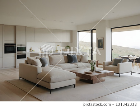 Modern interior design features a luxurious open-plan living room with kitchen, elegant furniture, wooden floors, and large windows. Modern interior design features a luxurious open-plan living room with kitchen, elegant furniture, wooden floors, and large windows. 131342338