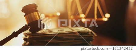 Judge gavel is resting on a stack of dollar bills with scales of justice in the background, representing the intersection of law and finance Judge gavel is resting on a stack of dollar bills with scales of justice in the background, representing the intersection of law and finance 131342432