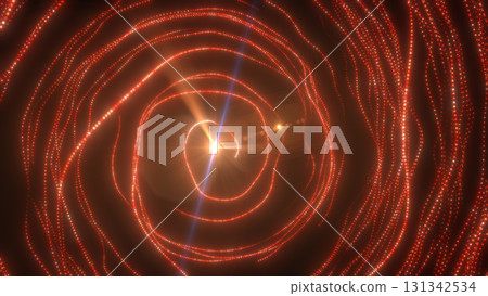 Intense red glowing spiral tunnel with light particles forming a futuristic vortex effect 131342534