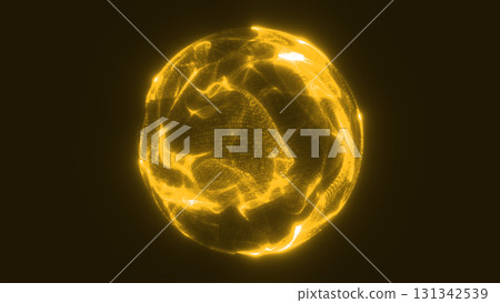 Futuristic glowing yellow sphere with particle energy waves, abstract radiant orb on dark backdrop 131342539