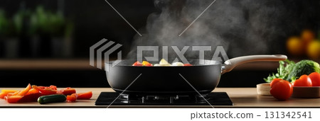 Steam rising from a frying pan cooking healthy fresh vegetables on a modern sleek induction stovetop in a contemporary kitchen with chopped vegetables ready to be added 131342541