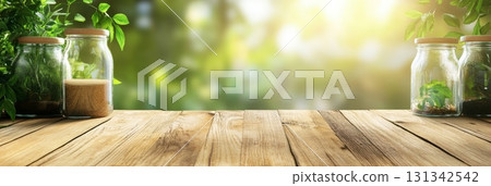 Glass jars containing soil and small plants stand on a rustic wooden table against a blurred backdrop of a sunlit garden, creating a serene scene of growth and nature Glass jars containing soil and small plants stand on a rustic wooden table against a blurred backdrop of a sunlit garden, creating a serene scene of growth and nature 131342542