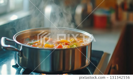 Simmering on a stovetop burner, a stainless steel pot filled with hot, steaming vegetable soup releases a comforting aroma, inviting warmth and flavor into the kitchen Simmering on a stovetop burner, a stainless steel pot filled with hot, steaming vegetable soup releases a comforting aroma, inviting warmth and flavor into the kitchen 131342556