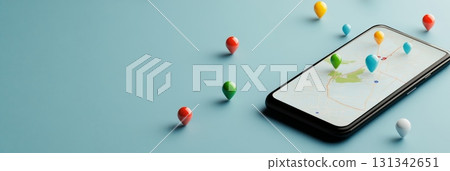 Smartphone displaying a map with a plotted route marked by colorful location pins, symbolizing navigation and route planning on a mobile device Smartphone displaying a map with a plotted route marked by colorful location pins, symbolizing navigation and route planning on a mobile device 131342651