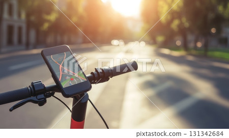 Electric scooter handlebar featuring gps navigation on a smartphone screen, guiding urban travel with precise directions as the sun sets, creating a vibrant evening atmosphere 131342684