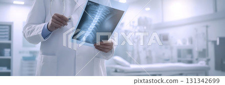 Doctor examining a spinal x ray in a bright hospital room, concentrating on patient diagnosis and treatment while utilizing advanced medical imaging techniques for accurate analysis 131342699