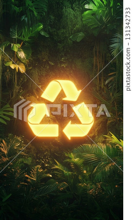 Luminous recycling symbol shines brightly amidst a vibrant jungle setting, emphasizing the importance of eco consciousness and waste management in preserving natural environments 131342733