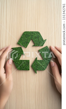 Hands are protecting a green recycle symbol made of puzzle pieces placed on a wooden background, representing environmental protection and sustainable practices 131342761
