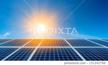 Solar panels converting sunlight into sustainable energy under a bright blue sky, representing the future of clean and renewable power generation while promoting environmental protection 131342798