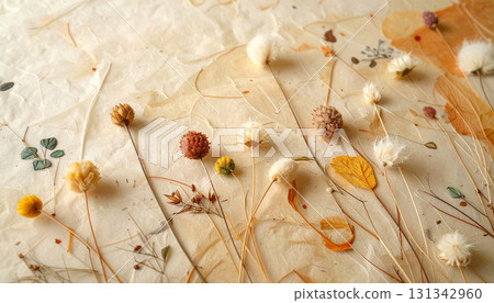 A gentle and rustic organic background of dried flowers arranged on Japanese paper 131342960