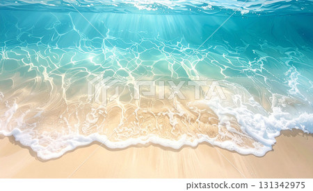White foam on the shore and a clear turquoise sea with rays of light shining through 131342975