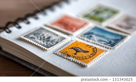 Colorful postage stamps attached to a white album page highlight various nature scenes and a bird, capturing the beauty of philately and history 131343025