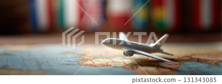 White toy airplane flying over world map with blurred national flags in background, representing international travel, tourism, and global exploration White toy airplane flying over world map with blurred national flags in background, representing international travel, tourism, and global exploration 131343085