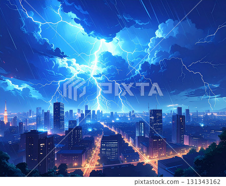 A city with buildings illuminated by blue lightning A city with buildings illuminated by blue lightning 131343162