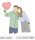 Man holding pink heart with his girlfriend illustration vector hand drawn with black lines 131343180