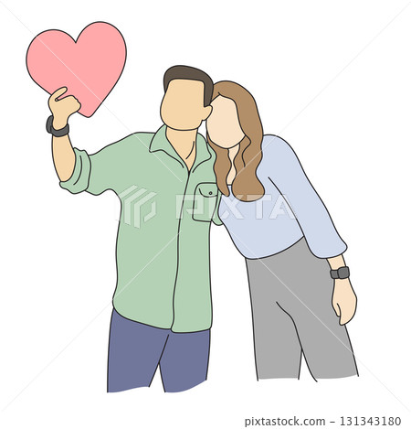 Man holding pink heart with his girlfriend illustration vector hand drawn with black lines 131343180