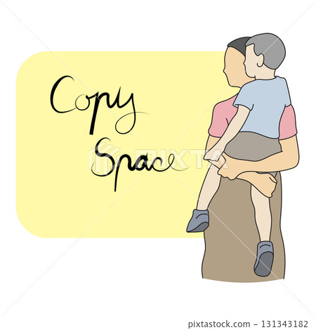 mother holding son with yellow copy space illustration vector hand drawn with black lines 131343182